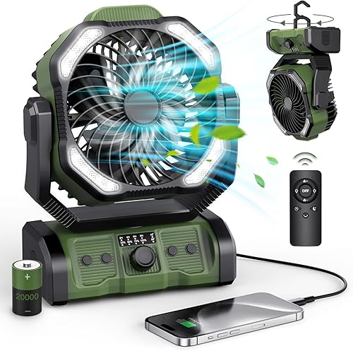 Ventilador de camping portátil recargable Ventiladores de tienda de campaña inalámbricos de 20000 mAh con linterna LED, ventilador de mesa USB C