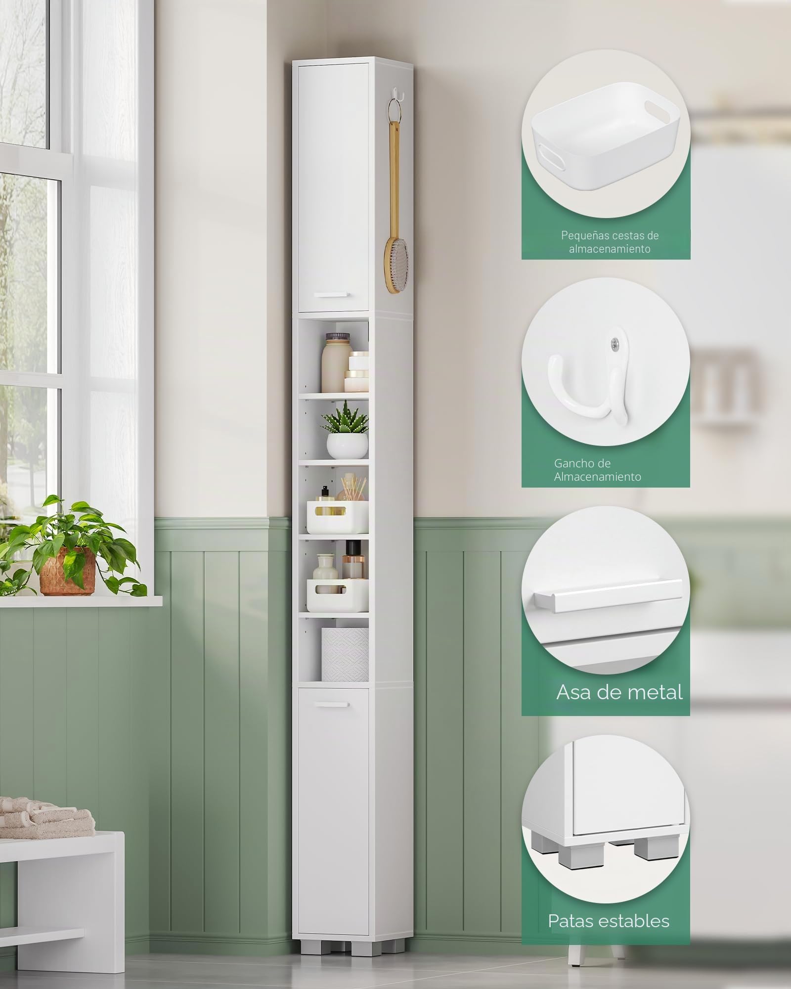 Hzuaneri Mueble de Baño Alto, Columna Baño, Armario Alto con 2 Puertas, 2 Cajas de Almacenamiento y Compartimentos Abiertos, Estantes Ajustables, 20 x 20 x 200 cm, Blanco BC28503X