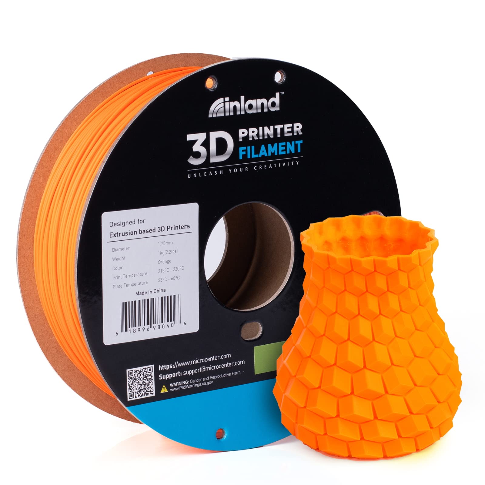 Micro Center Inland PLA Filament 1.75mm - Orange 3D Printer Filament, Dimensional Accuracy +/- 0.03mm - 1kg Cardboard Spool (2.2 lbs) – Fits FDM/FFF Printers – Odor Free, Clog Free Filament