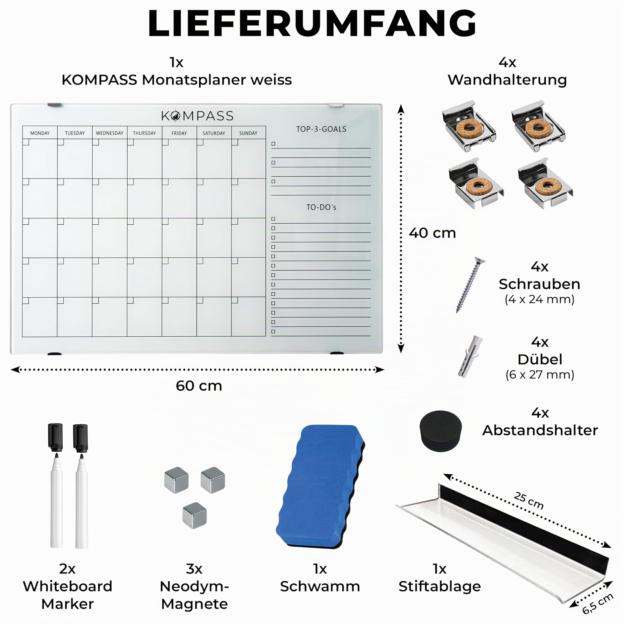 Kompass Monatsplaner | Vision Board | Magnettafel– Abwischbarer Wandplaner für Gewohnheiten, Ziele & Tägliche To Do Planung – Undatiert, Wiederverwendbar-Edles Acryl-Glas Whiteboard, 60 * 40 cm, weiß