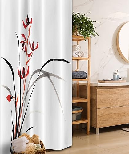 Miniatura 145 de Ambesonne Cortina de ducha hawaiana, diseño de hibisco hawaiano tropical, silueta de niña, tabla de surf, impresión de arte retro, juego de Fucsia