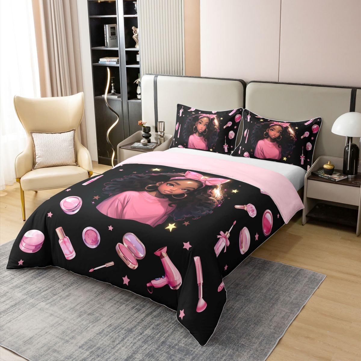 Homewish Schwarzes Mädchen Bettbezug 155x220 Baumwolle Schleife Bettwäsche Sterne Haartrockner Lippenstift Muster Bedding Puder Kompakt Nagellack Bettwäsche Set Weich 2 teilig