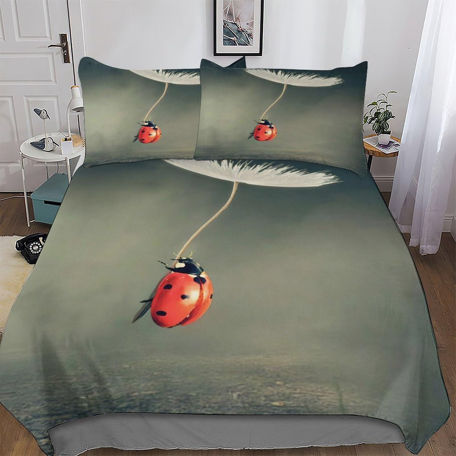 Parure de lit 3 pièces housse de couette microfibre zippée motif coccinelle pour lit double