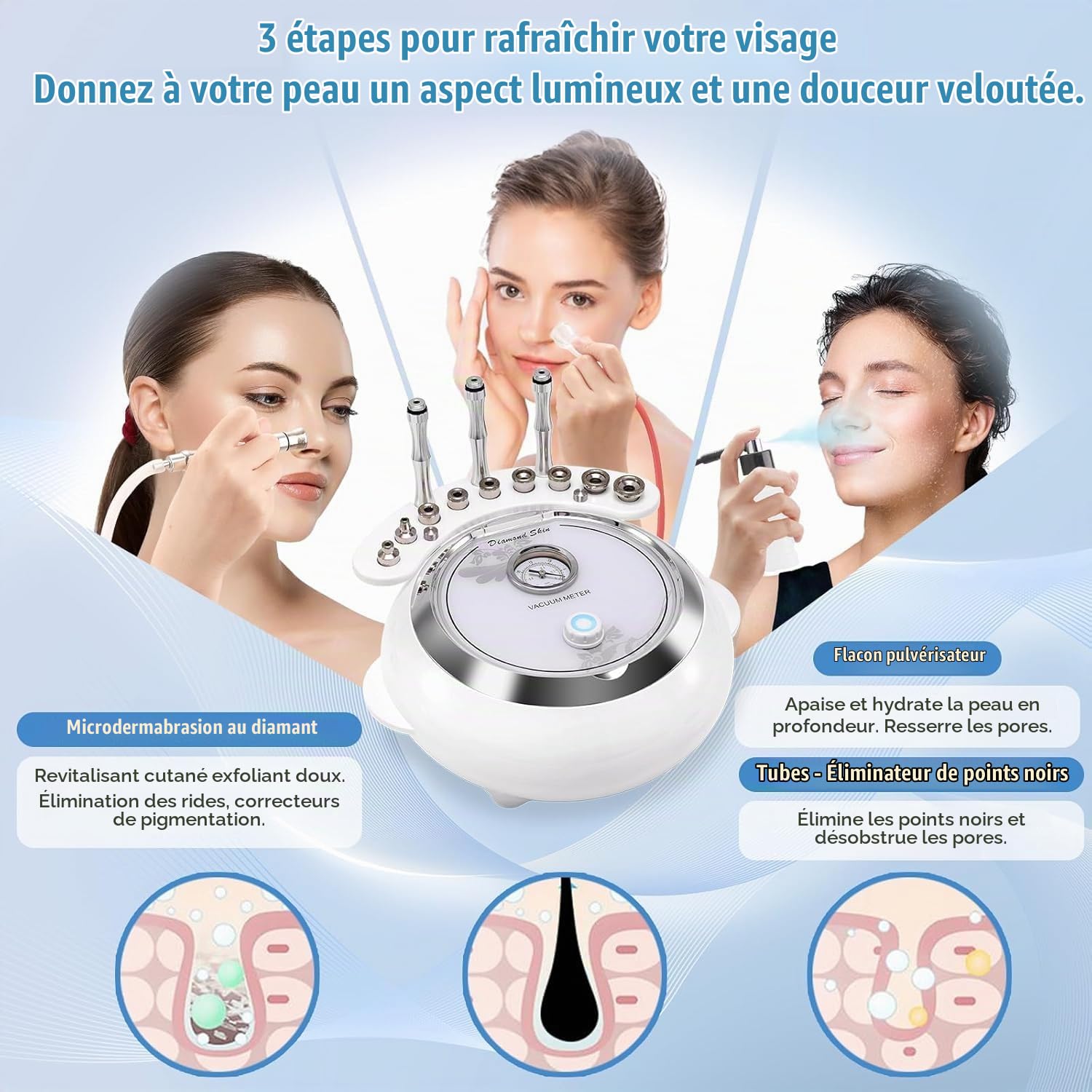 Machine De Microdermabrasion Diamantée 3 EN 1, équipement De Salon De Soins Du Visage avec Aspiration ET Pulvérisation (Forte Puissance D'aspiration 65-68cmhg)