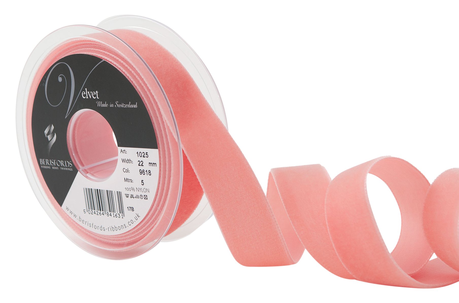 Berisfords Velvet Ribbon, Coral, 102 x 30 x 102 cm