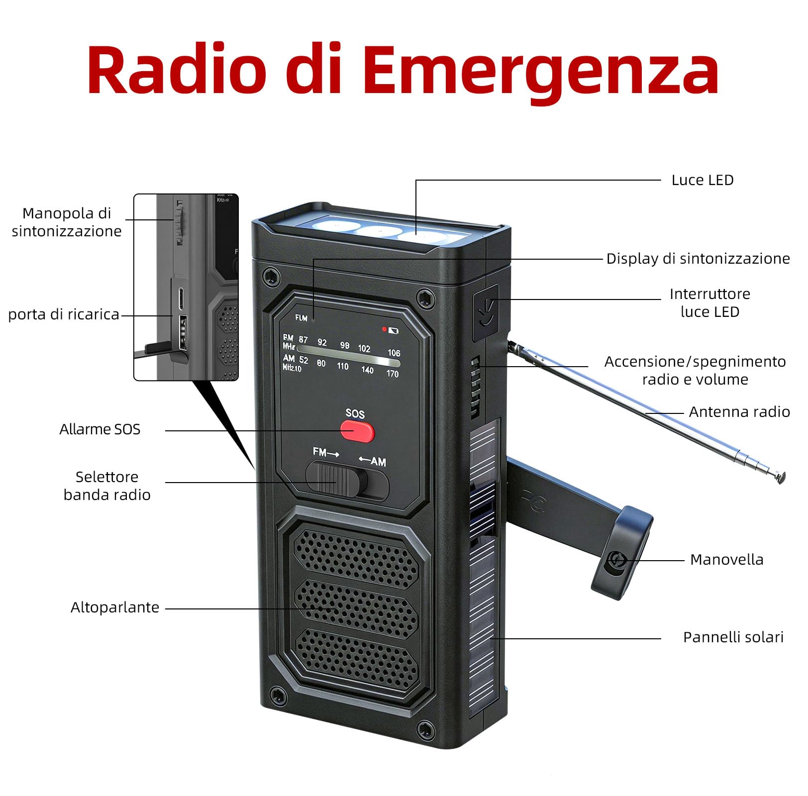 Radiolina a Manovella, AM/FM Solar Raio con Torcia LED, Allarme SOS, Radio di Emergenza Portatile con Batteria Ricaricabile da 2000 mAh per Ourdoor Campeggio Emergenza, Nero