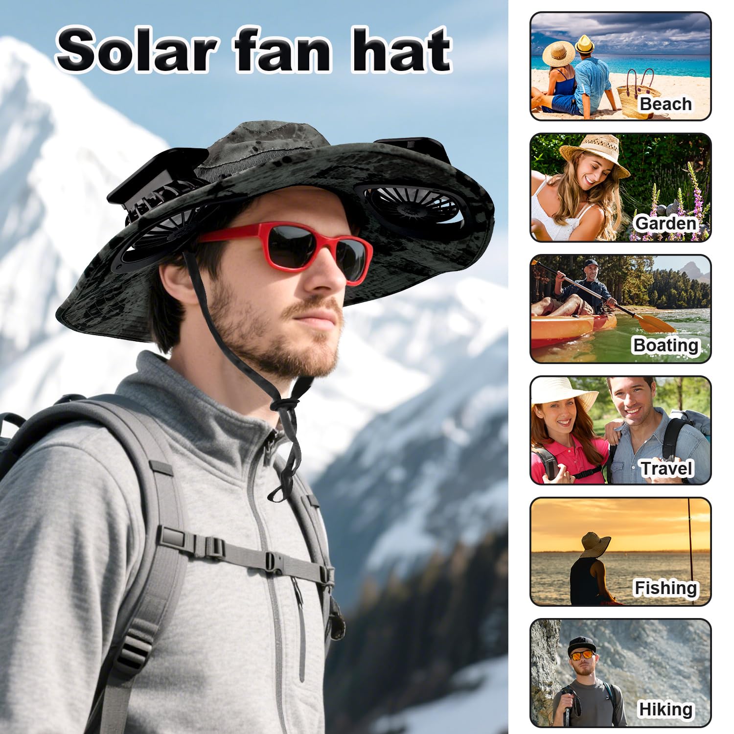 Chapeau Solaire avec Ventilateur, Chapeau de Soleil à Large Bord Gris Foncé avec 2 Ventilateurs de Charge Amovibles pour Femmes Hommes Chapeaux à Ventilateur Solaire pour Randonnée en Plein Air