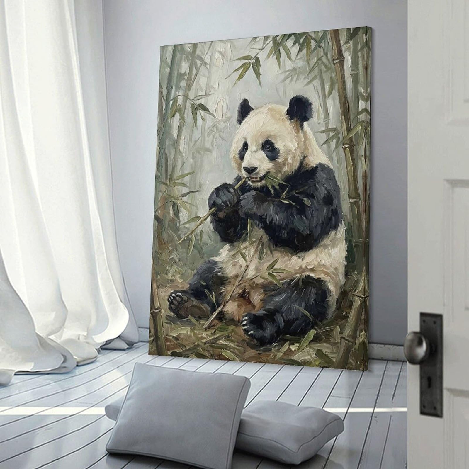 Junmoney Panda Eating Bamboo in Forest Wall Art Print, 20x30inch(50x75cm), for Living Spaces, Bedrooms Or Relaxed Rooms, Decorative Artwork for Empty Walls