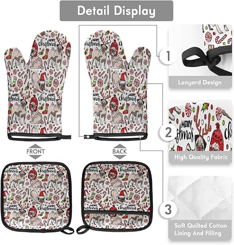 Miniatura 3 de Pug Dog - Juego de guantes de horno y soporte para ollas resistentes al calor, guantes de cocina, 2 unidades, almohadillas calientes y guantes de