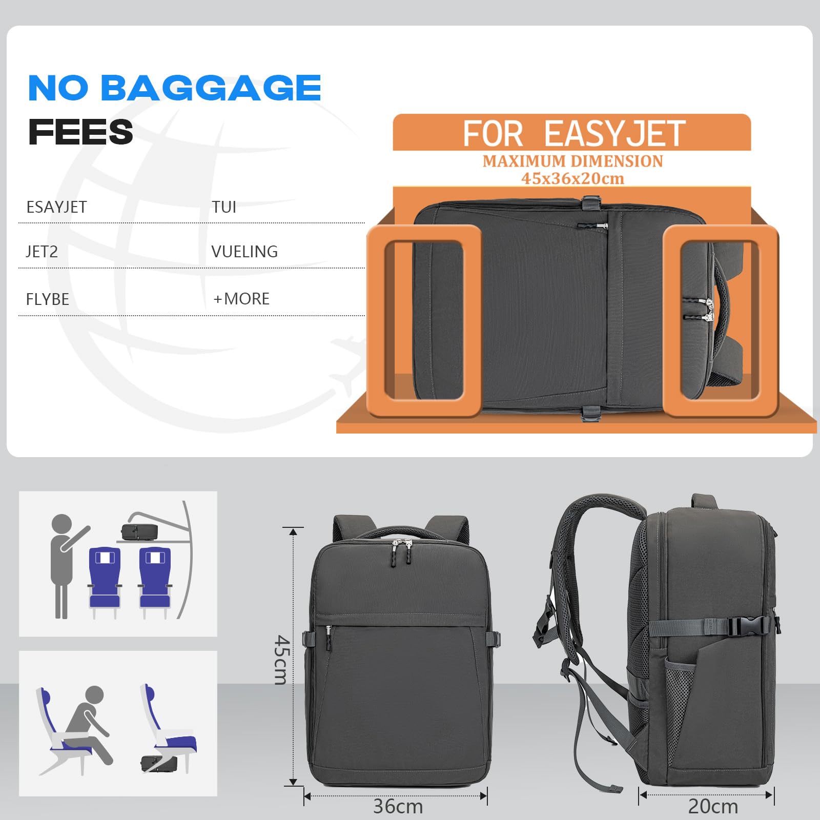 Xkdoai Bagaglio a Mano per Easyjet 45x36x20 Zaino per Easyjet 45x36x20 Zaino da Viaggio Aereo Bagaglio a Mano con Borsa Antifurto Borsa per Bottiglie