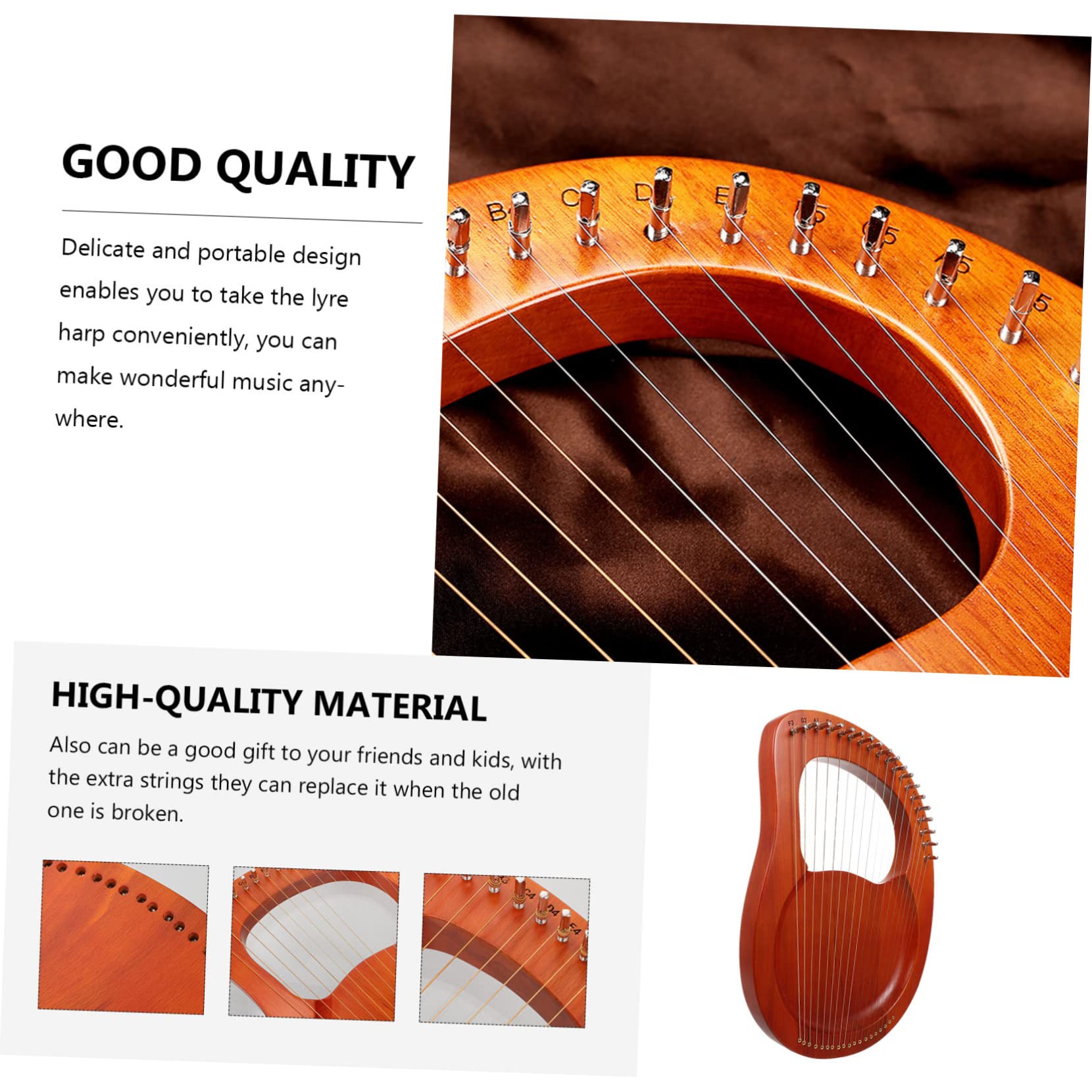 Lira Portatile a 19 Corde Marrone, Strumento Musicale per Ragazzo Ragazza | Set 1 Pezzo, Plastico, 2 Plettri Inclusi e Corde Extra, Suono Melodioso