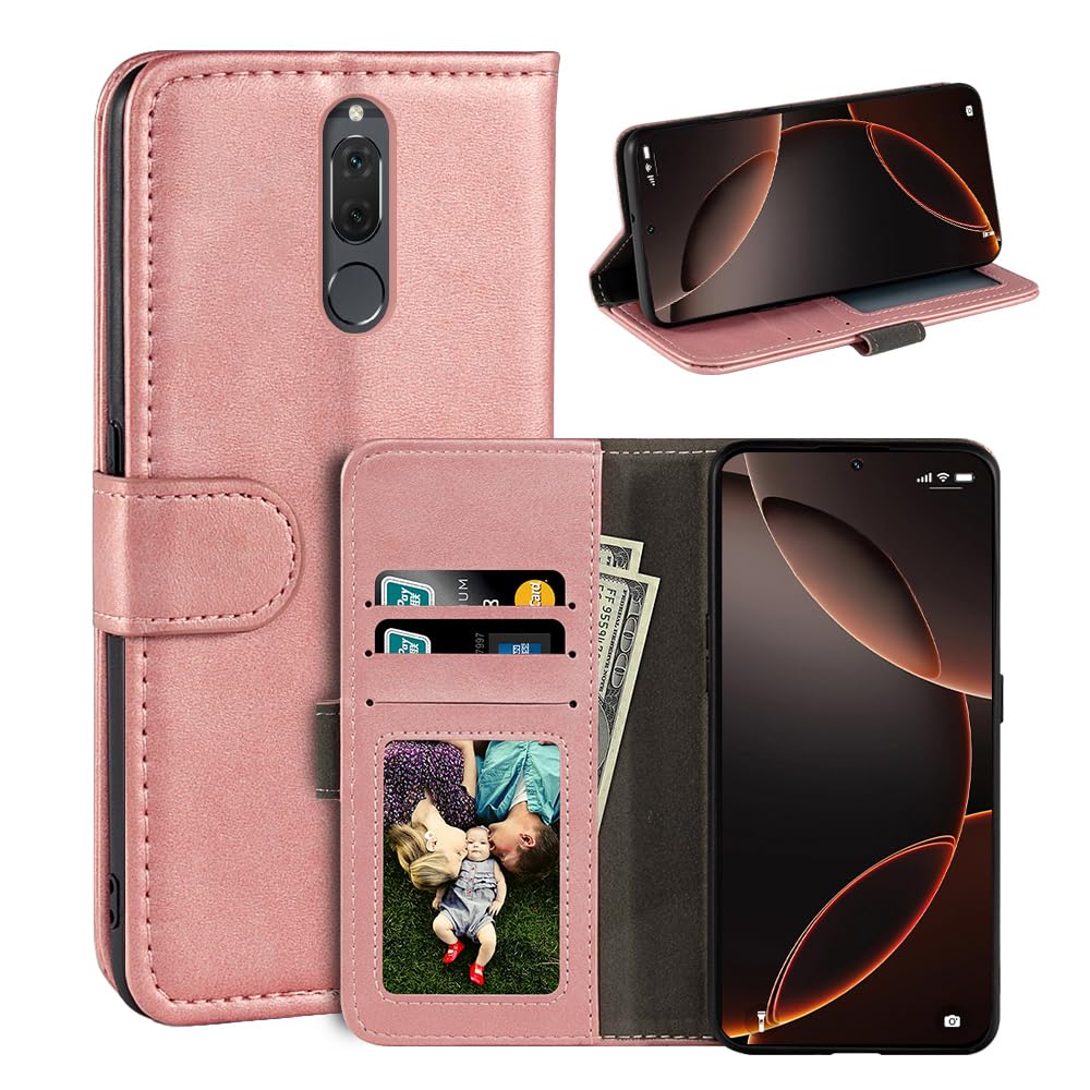 Leather Flip Cover Compatible with Huawei Mate 10 Lite Wallet Case with Card Slots, Magnetic Closure, Stand Function, RFID Shockproof Folio (Rose Gold)