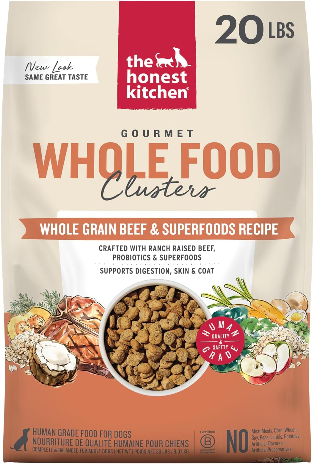 Human Grade Dry Dog Food, Whole Food Clusters Whole Grain Dry Dog Food, Beef & Oats, 20lb Bag