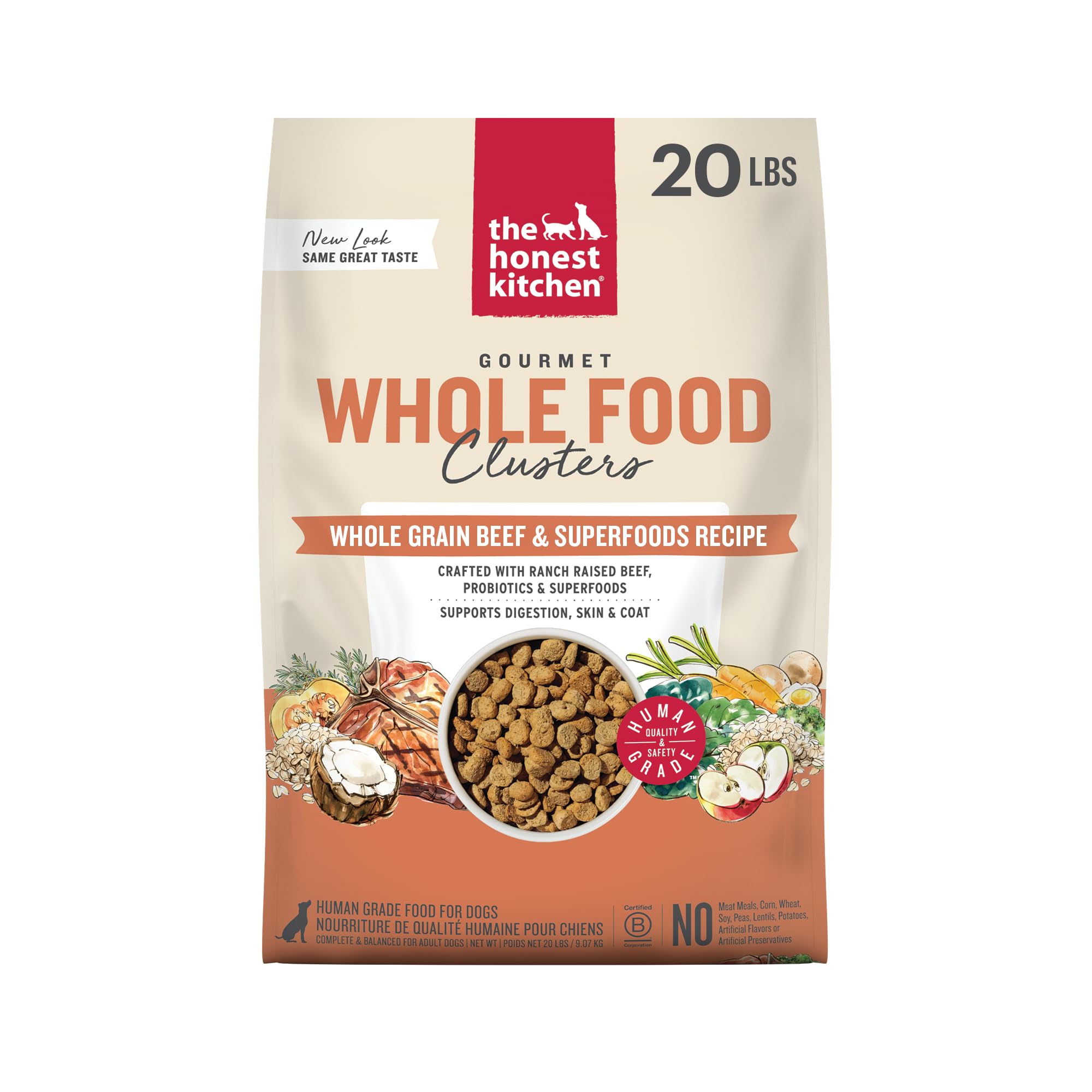 Human Grade Whole Food Clusters Dry Dog Food - Whole Grain Beef & Oats, 20 Pound Bag