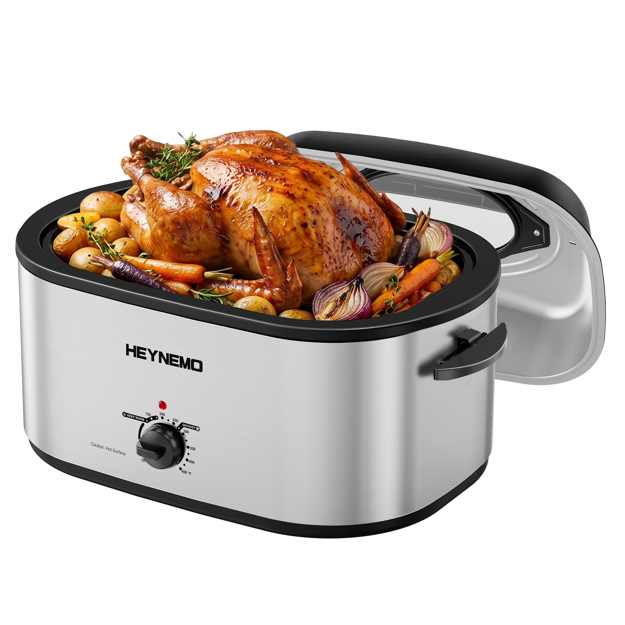 HEYNEMO Turkey Roaster Electric, 24 Quart Oven with Self-Basting Lid, Removable Pan and Rack, Adjustable Temperature Control Powerful 1450W Stainless Steel Oven, Silver