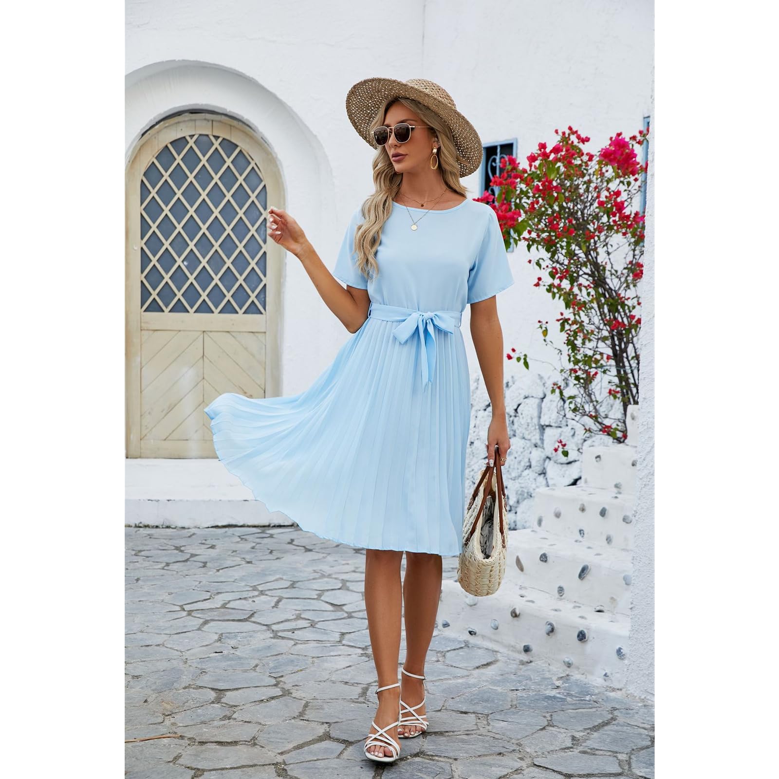 Vestido de Verano Vestido de Mujer con Cuello Redondo Y Mangas Cortas Plisadas Hasta la Rodilla, HUTALIM, Blanco, m