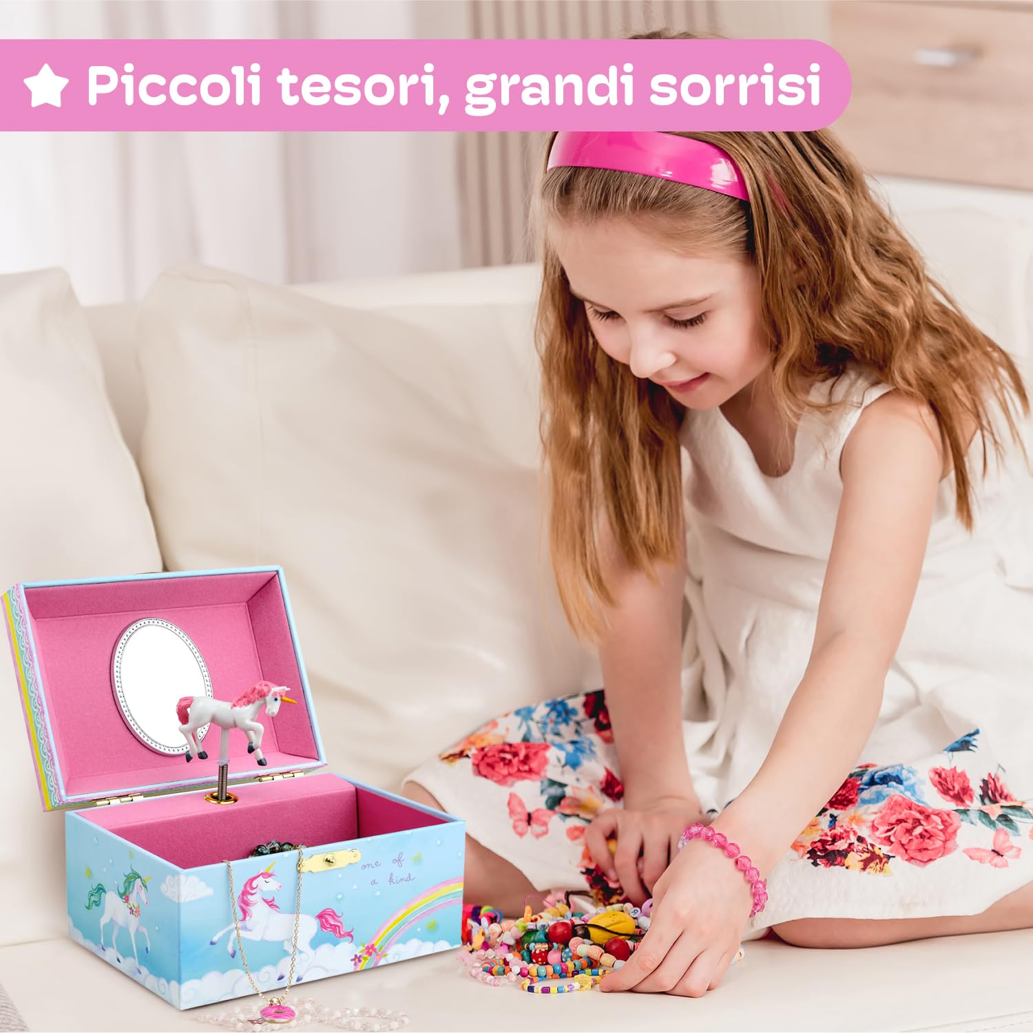 Jewelkeeper - Portagioie per Bambina con Unicorno Roteante, Arcobaleno e Carillon - Scatola Musicale con Accessori Unicorno Bambina per Conservare Gioielli - Melodia di Bel Sognatore