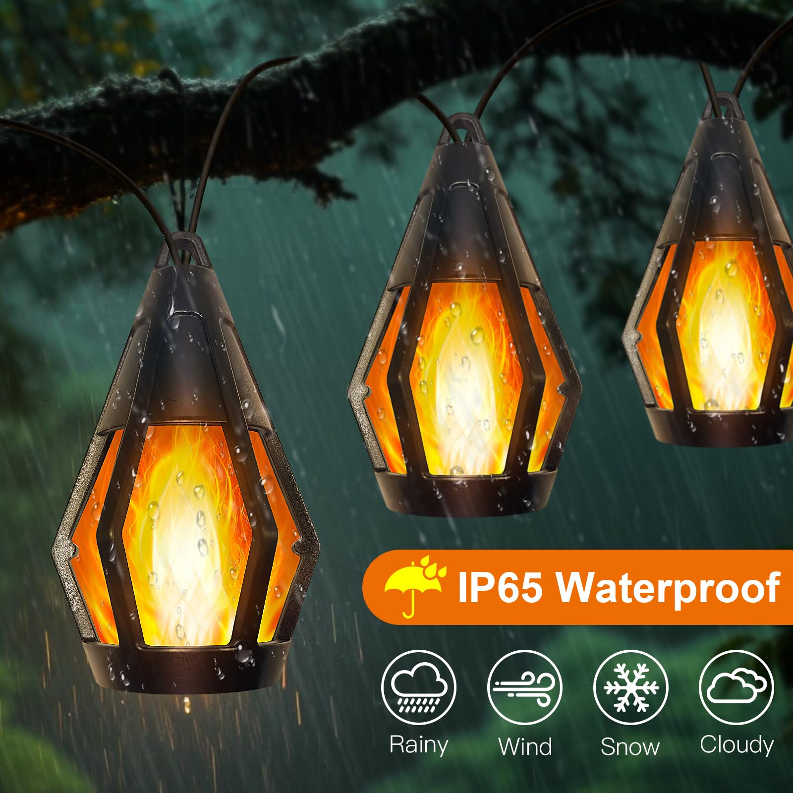 Guirnalda de luces solares de 21 pies para exteriores, impermeables, funciona con energía solar, luces de patio con 10 bombillas de llama parpadeante, farol colgante, cadena de luces para