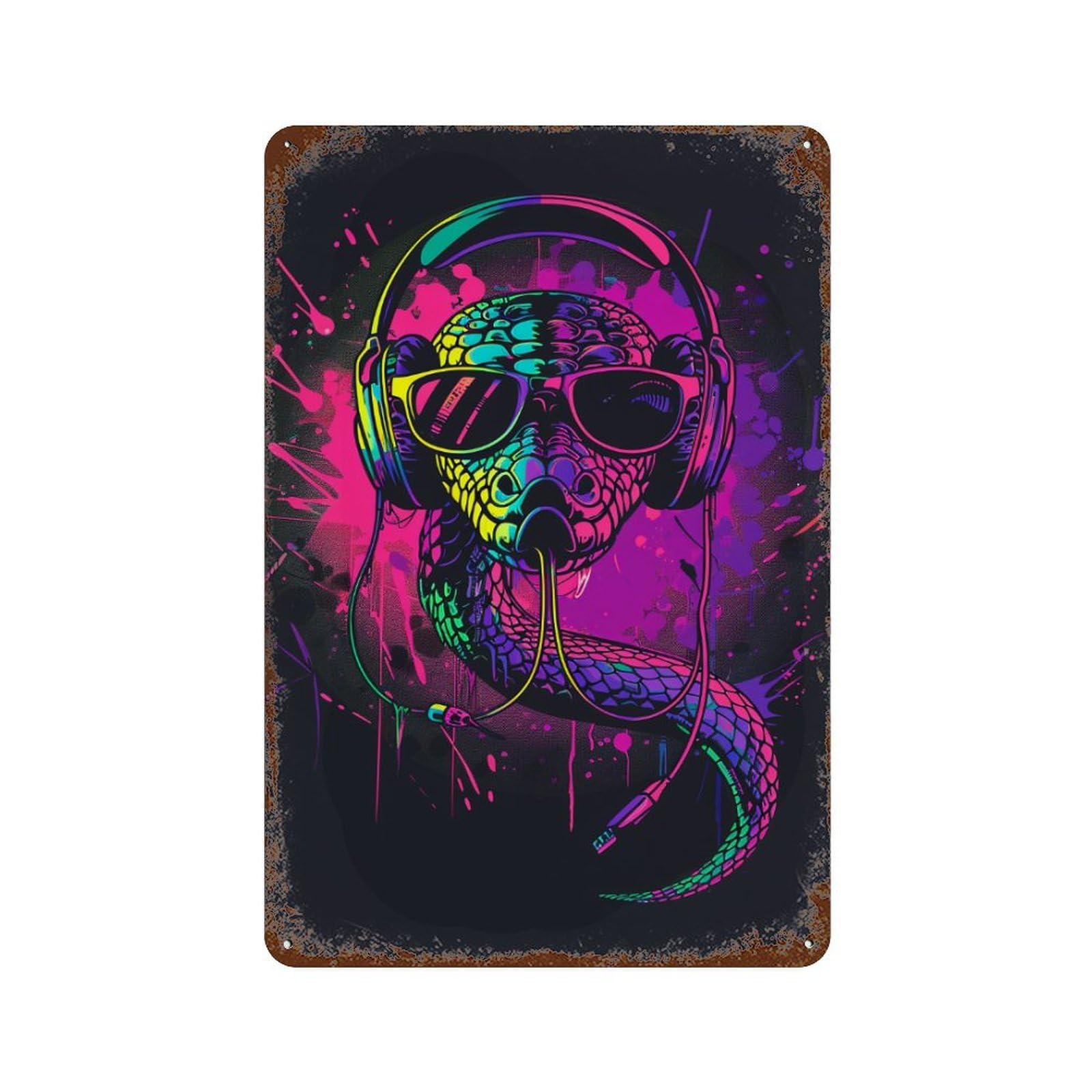 Garage Style Neon Snake Headphones Art Print Weathered Tin Sign 11.8"x7.9", Shabby Chic Decor for Bar And Workshop