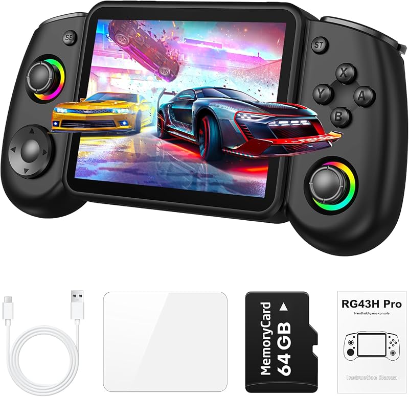 RG43H Pro Retro Handheld Game Console, 4.3 Inch Retro Gaming Console with 4000mAh Battery, RK3562 Opensource Hand Held Games Console, EmuELEC&RGBOX Dual Systems Video Console, HDMI TV Output, Black