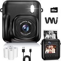 Kids Instant Print Camera 48MP Dual-Lens 1080P Video Selfie Cam for Boys Girls 4-12Y with 32GB Card - Black