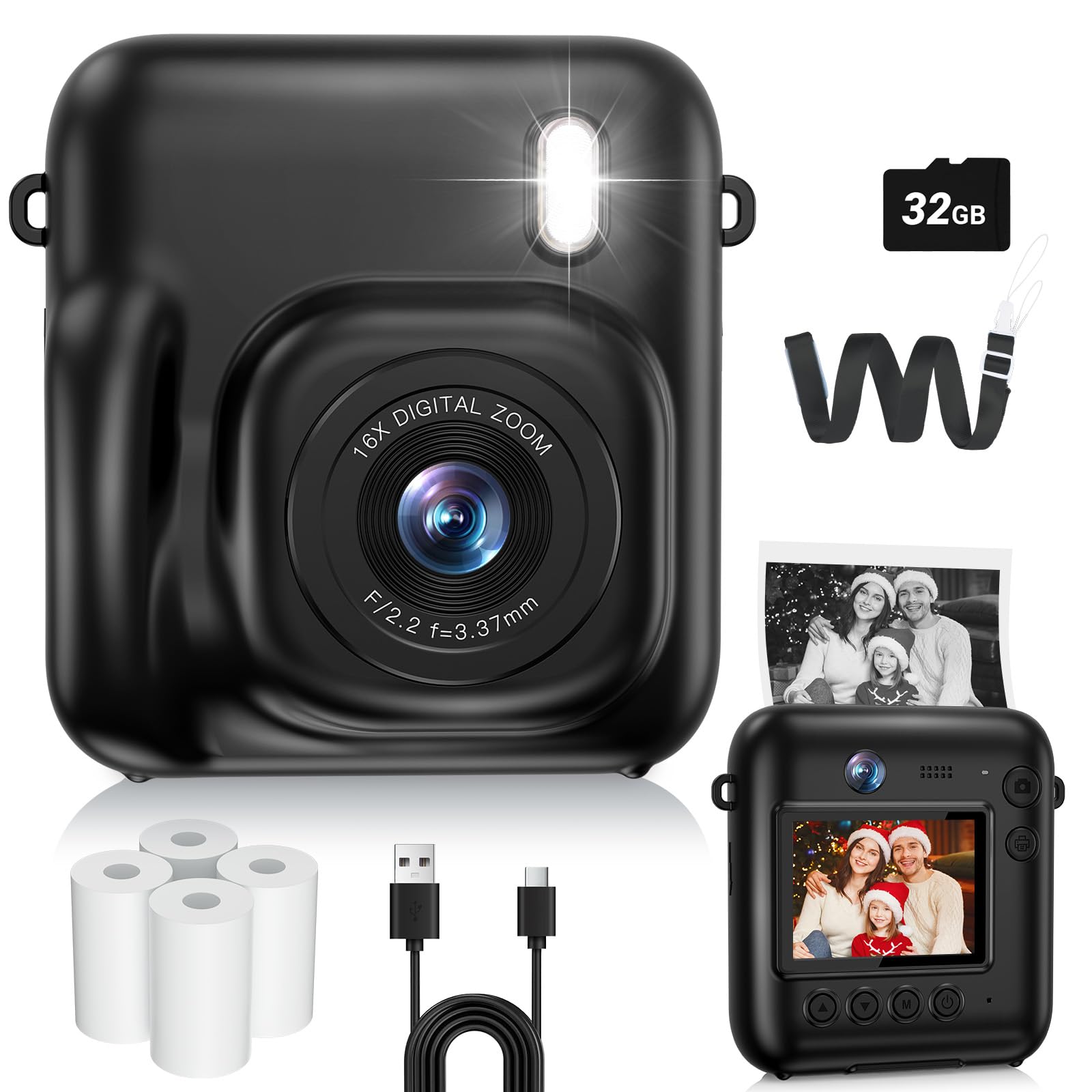 Kids Camera Instant Print, 48MP Dual-Lens Digital Camera for Girls Boys Christmas Birthday Gifts, 1080P Video Selfie Instant Cameras, Portable Toddler for 4-12 Years with 32GB Card-Black