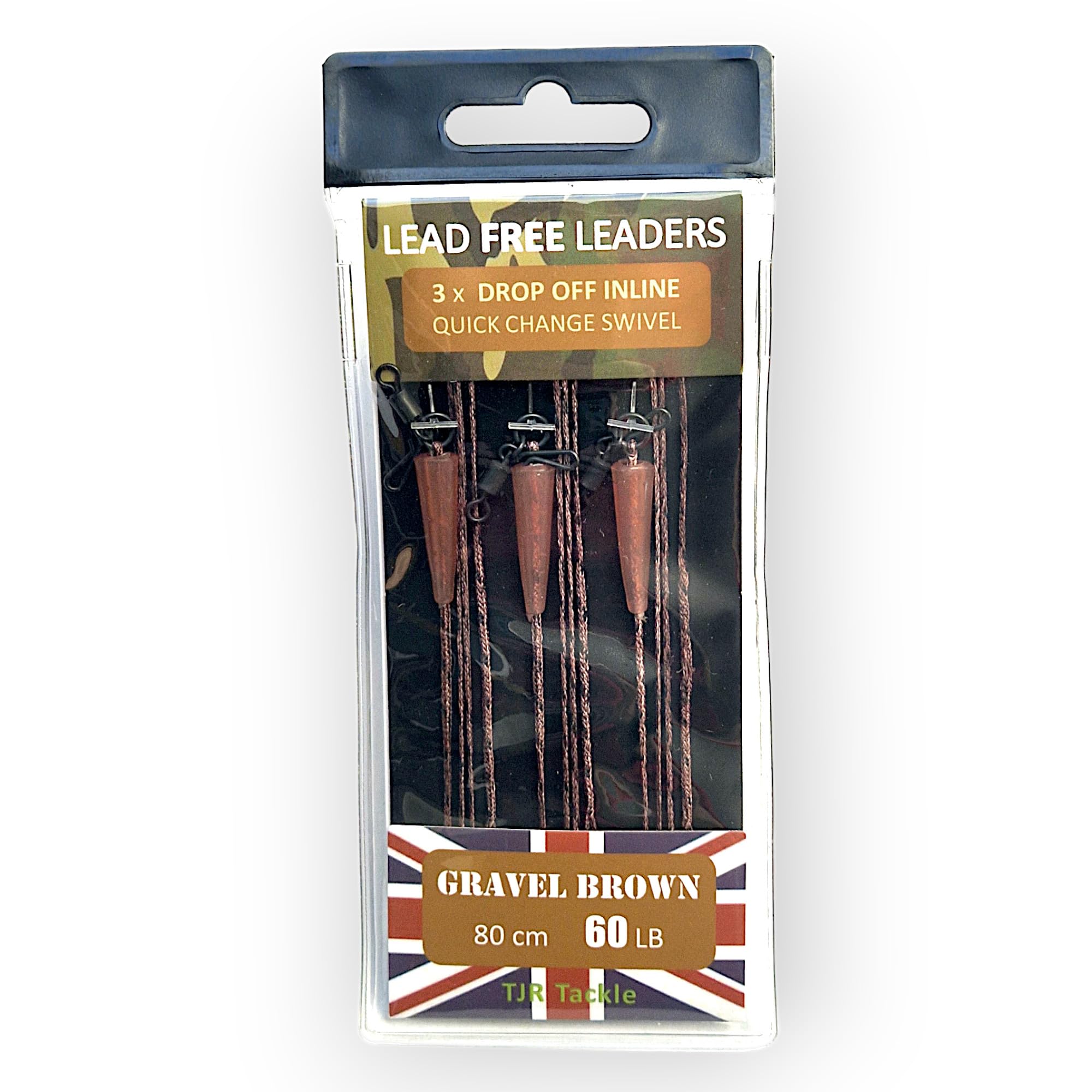 TJR Tackle Carp Leaders Solid Bag Lead Free Drop Off QC Swivels 3 per pack (Gravel Brown)