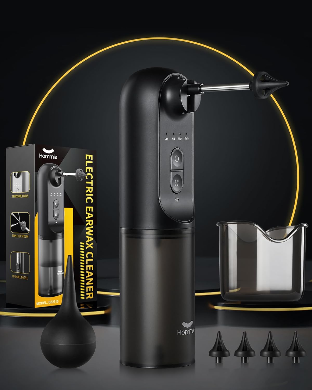 Hommie Electric Ear Wax Removal System, Water Powered Ear Cleaning Tool with Irrigation Flusher, 4 Tips, 4 Pressure Settings for Ear Wax Flushing and Cleaning