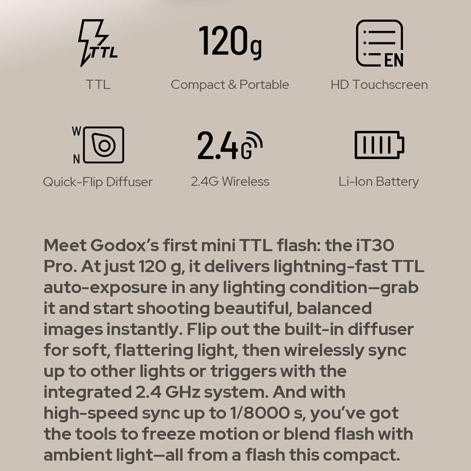 Godox Mini iT30Pro S iT30 Pro S for Sony TTL Flashlight Wireless Touch Screen Portable Flashlight HSS 1/8000 Second Compatible with Mirrorless Cameras External Flash Compatible for Sony
