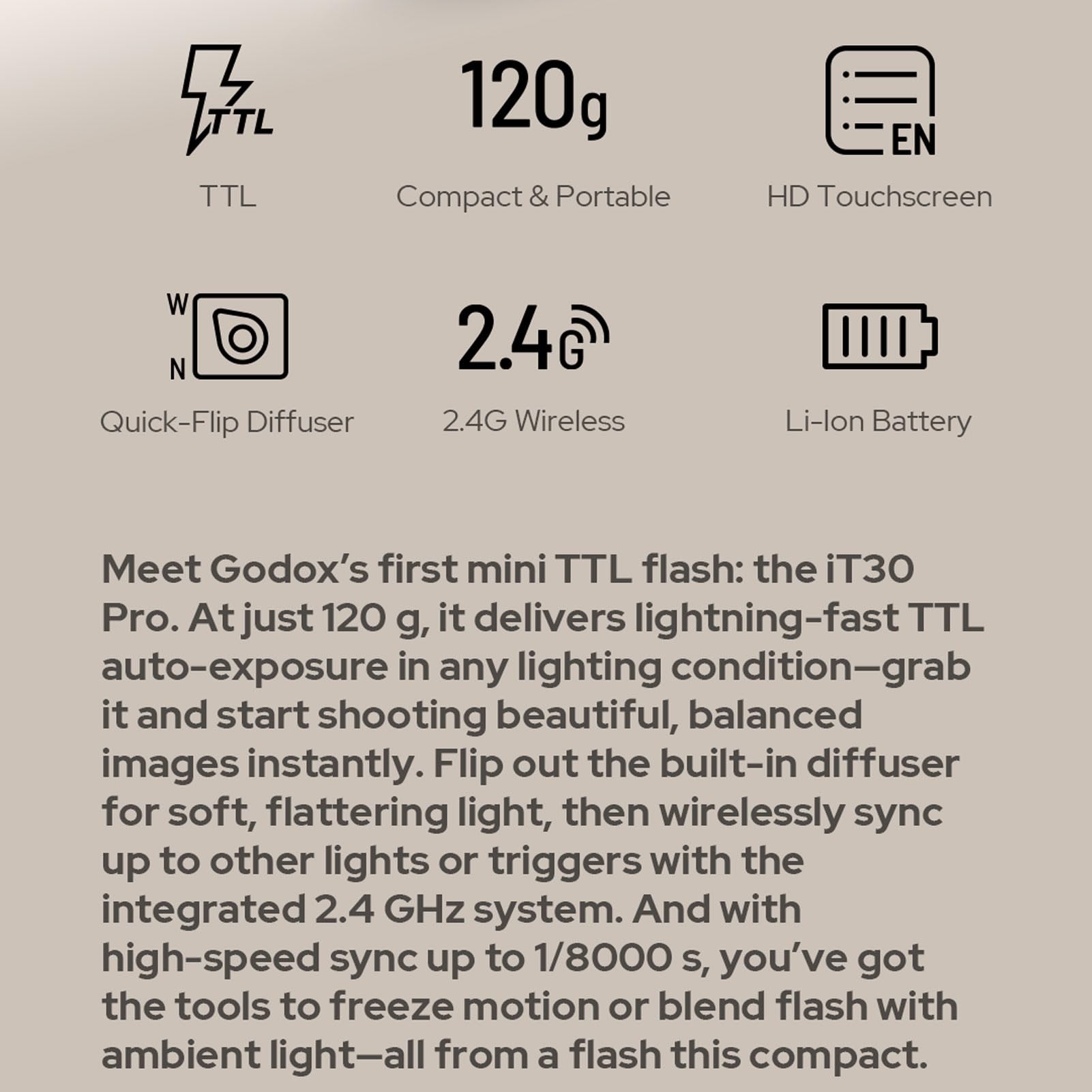 GODOX iT30Pro S TTL lampa błyskowa GN15 Speedlite 560, liczba błysków 1,5 s, czas ładowania 1/8000 s, HSS wbudowany dyfuzor do kamer Sony (srebrny)