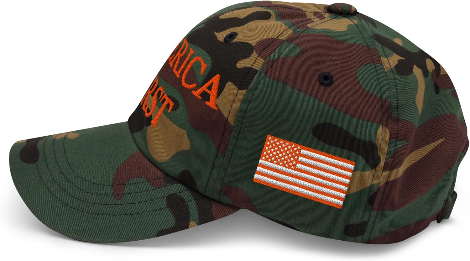 America 1st Camo Hat - Orange Embroidery Adjustable Camoflauge Dad Cap - Patriotic USA First American Flag Hat - Image 4