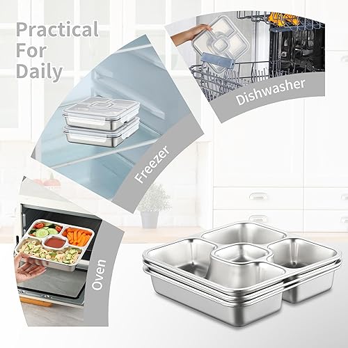 Miniatura 4 de Recipientes de acero inoxidable con tapas, paquete de 4 recipientes para preparar comidas, reutilizables, para adultos, divididos, apilables, Bento
