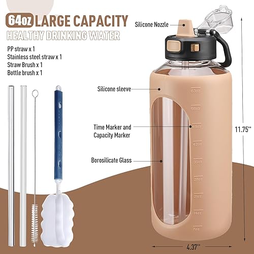 Miniatura 5 de Kodrine Botella de agua de medio galón de 64 onzas con popote, botella de agua de vidrio grande con tapa a prueba de fugas y boquilla de silicona