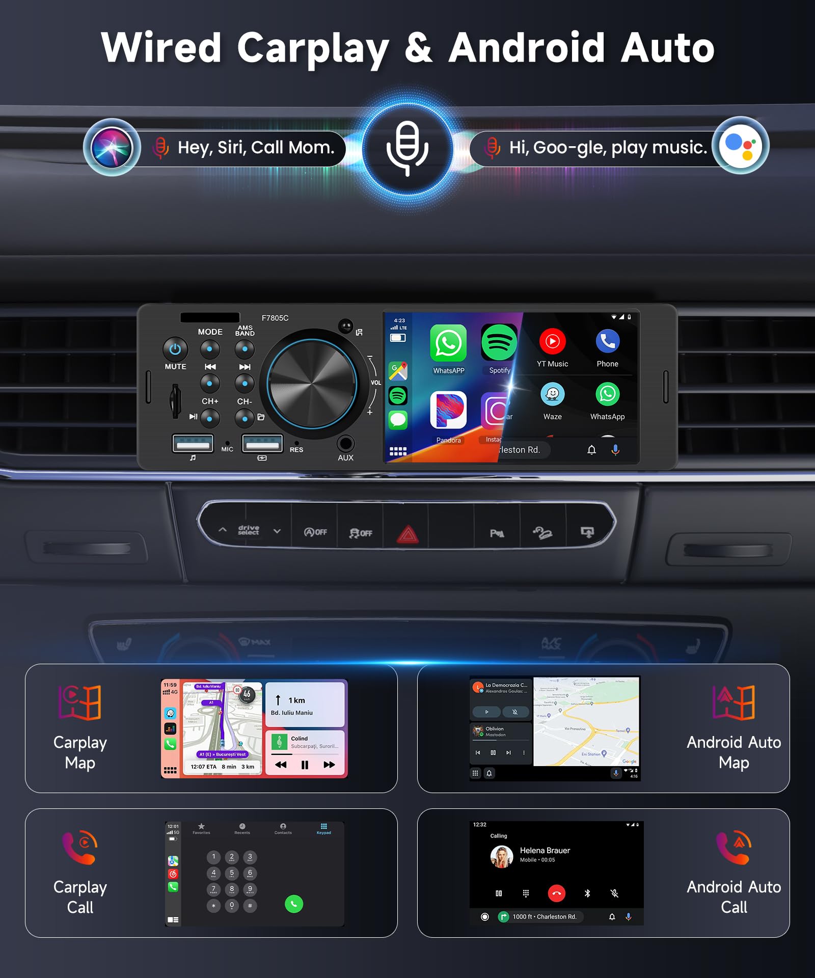 Hodozzy 1 Din autoradio met 4-inch scherm met CarPlay Android Auto