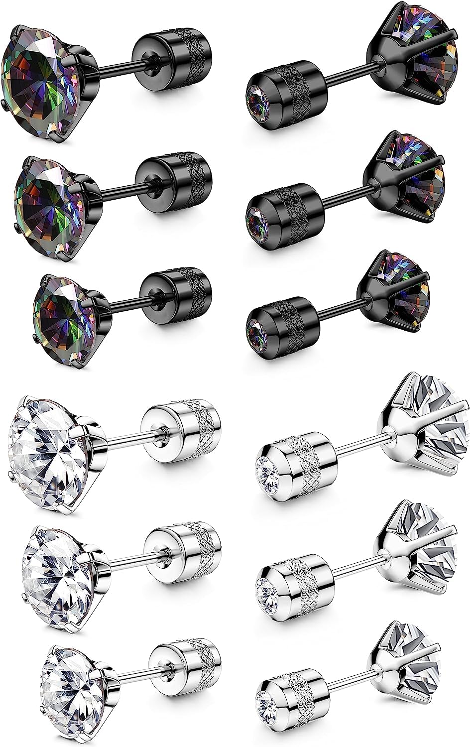 MILACOLATO 6Pares Pendientes Titanio para Oídos Sensibles Pendientes Acero Inoxidable Hipoalergénicos Doble Cara del Arco Iris AB Cubic Zirconia Pendientes Cartílago para Mujeres Hombres 4/5/6 MM