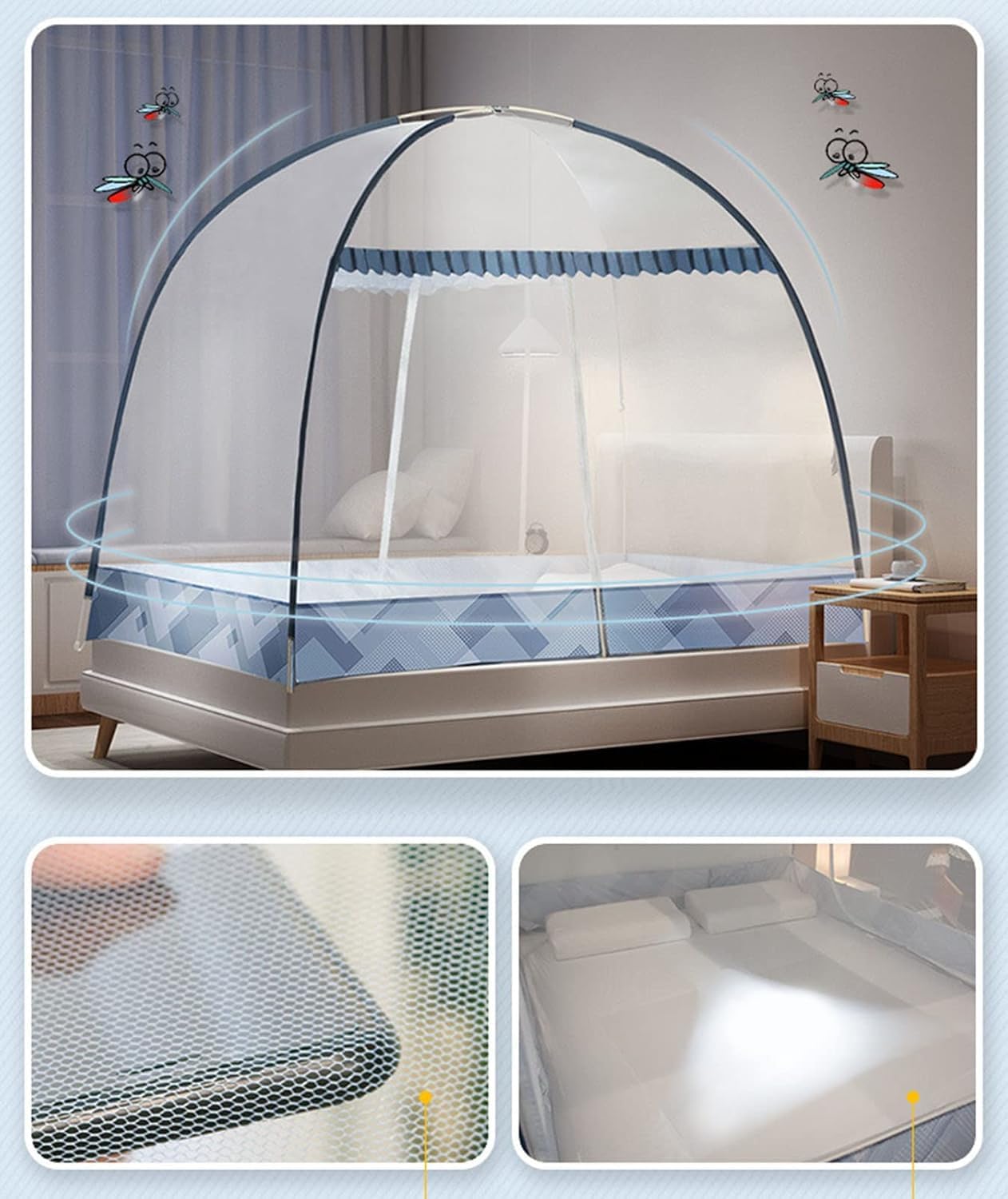 Mosquitera Plegable para Cama Individual/Doble, mosquitera portátil de Viaje de Doble Puerta con Parte Inferior de Red, fácil de Instalar, Tienda de campaña con mosquitera emergente para Uso