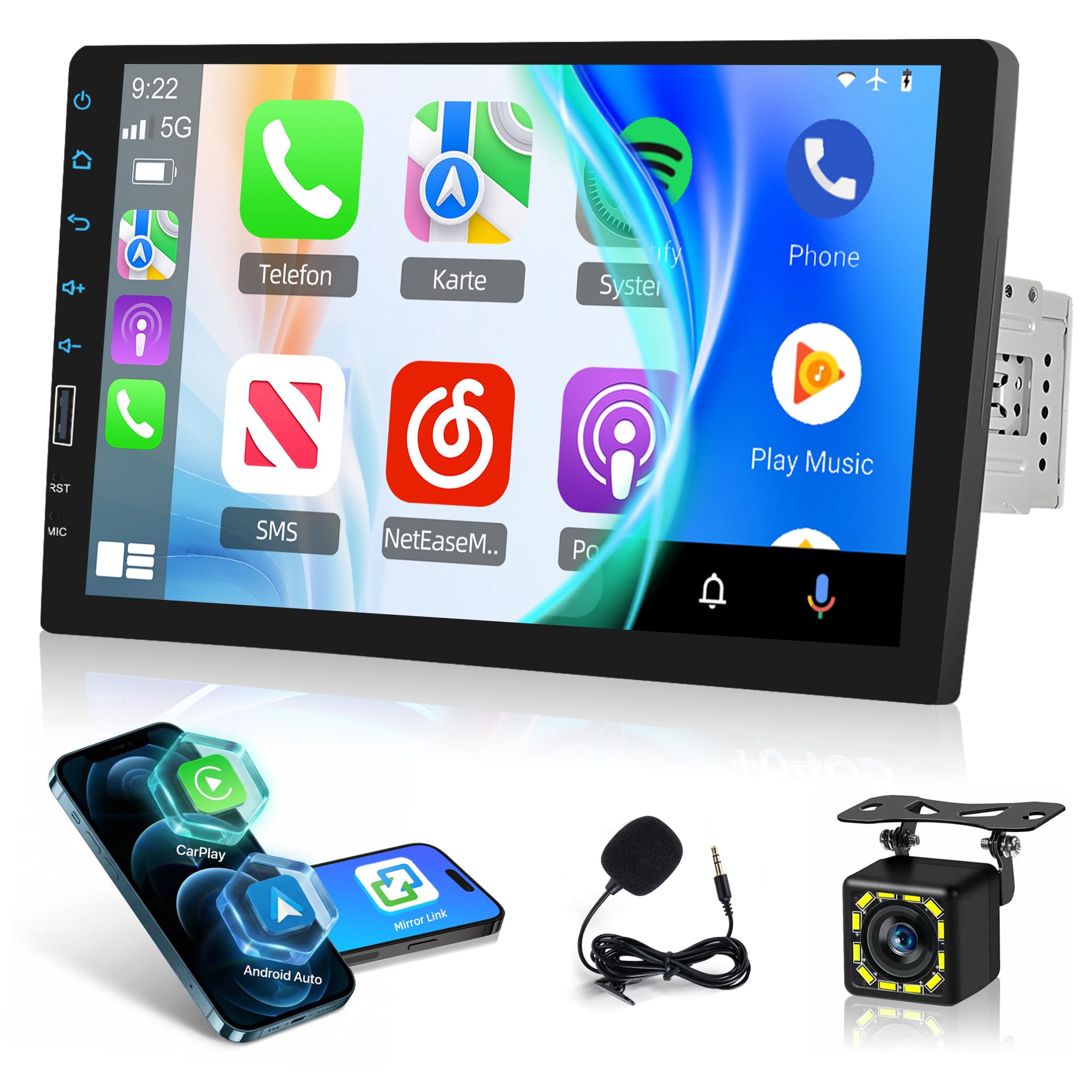 1 DIN Car Radio with Carplay and Android Auto, 9 Inch Touch Screen Radio Compatible with Bluetooth/FM Radio/Mirror Link/USB/SWC+Backup Camera+Mic