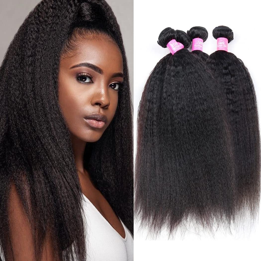 Odir Kinky Straight Bundles with Closure Brazilian Human Hair 12 14 16+10 Inch Unprocessed 9A Yaki Straight Hair 3 Bundles with 4x4 Lace Closure Natural Color