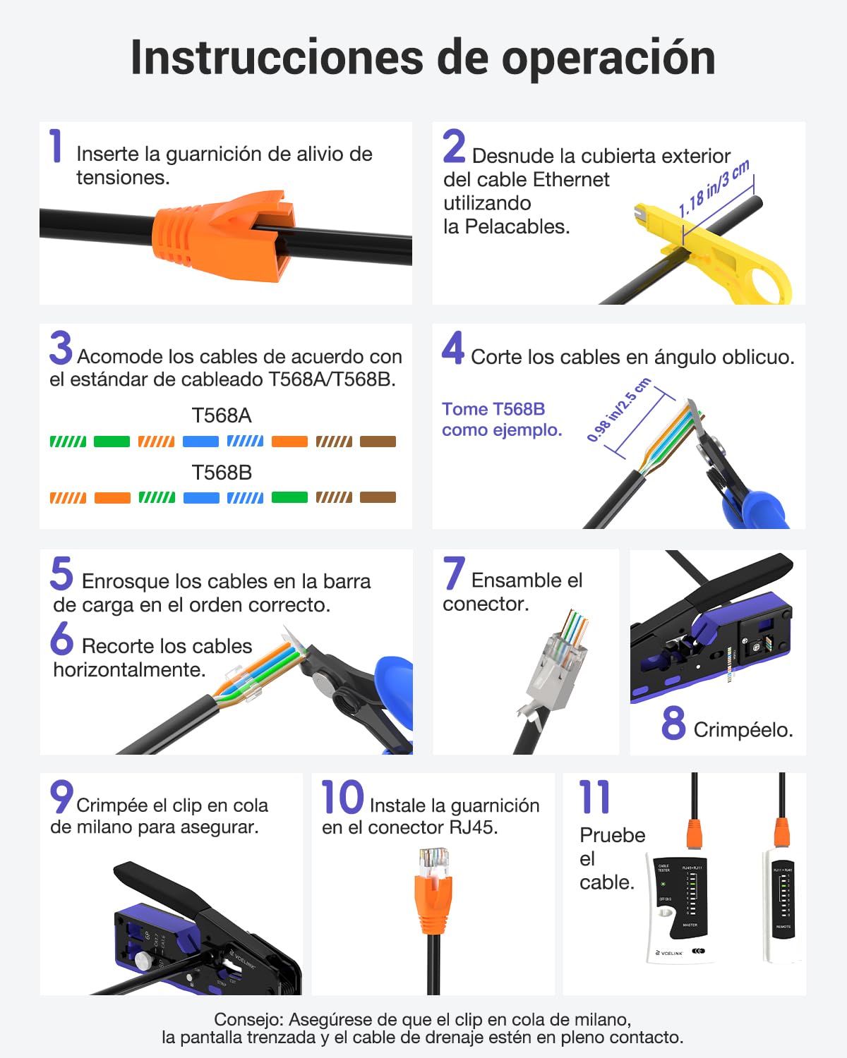 VCELINK Kit de Crimpadora RJ45 Profesional Compatible con CAT7/CAT6A/CAT6/CAT5E/CAT5, Conjunto de Herramientas de Red Incluye Comprobador RJ45, Pelacables, 20 x Conectores RJ45, Bolso de Tela