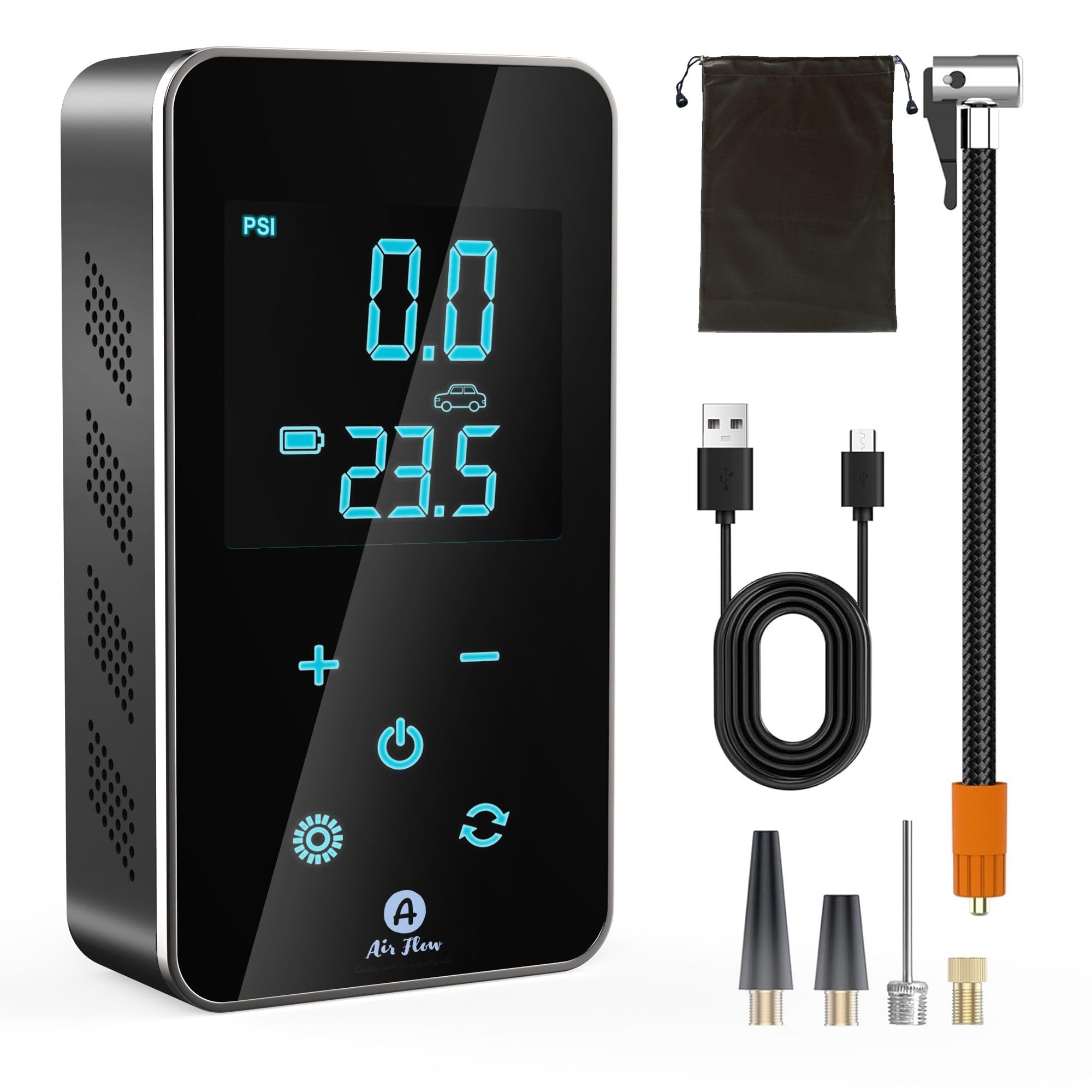 Air Flow Tire Inflator Portable Air Compressor - Air Pump For Car Tires with Digital Pressure Gauge, LED Light and Auto Shut-Off Function - Cordless Pump for Car, Motorcycle, Bicycle, Balls and More