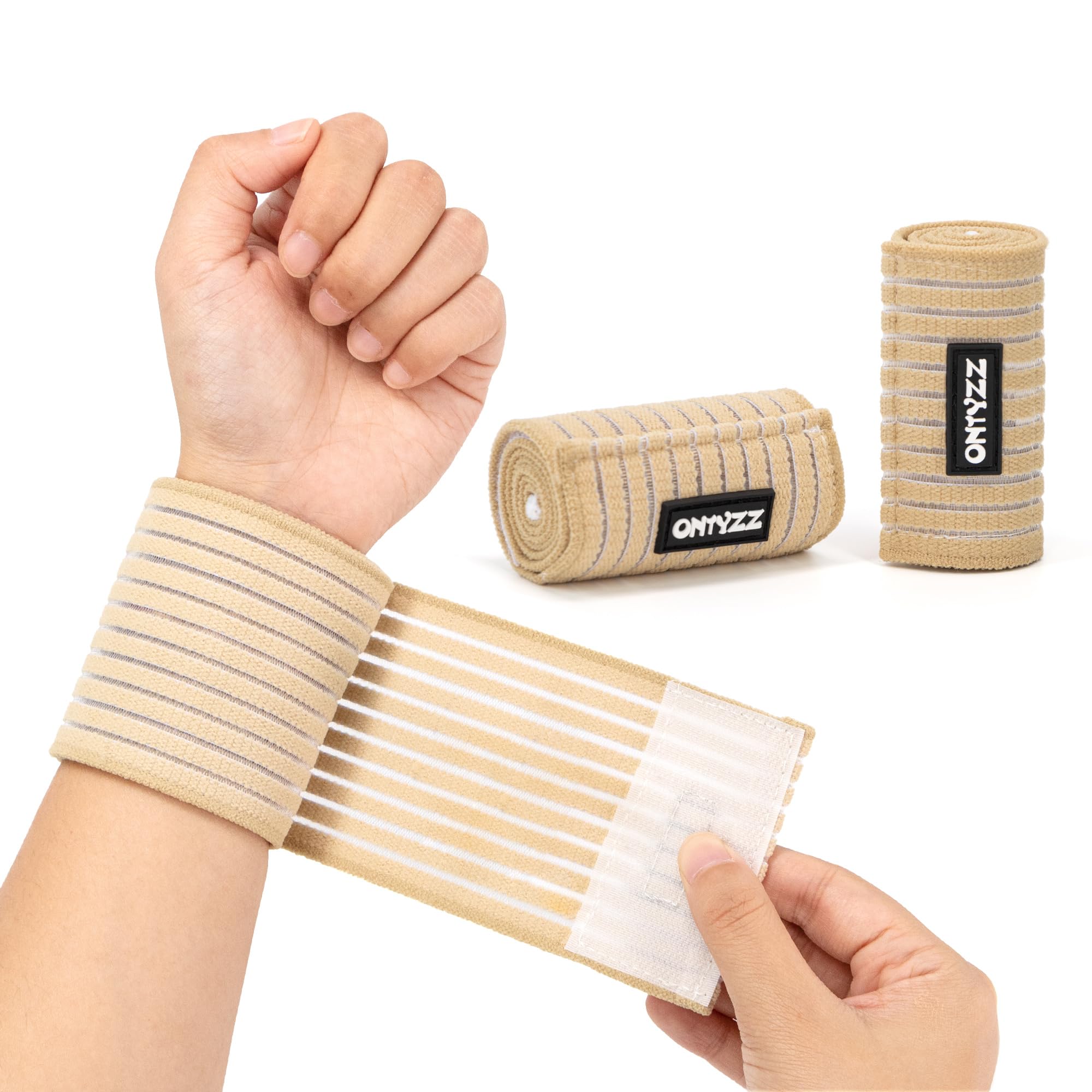 ONTYZZ Wrist Bandage 1 Pair High Elasticated Wrist Band for Sports Gym Workout Squat Weightlifting Training Wraps Bandages Beige/40cm — image 1