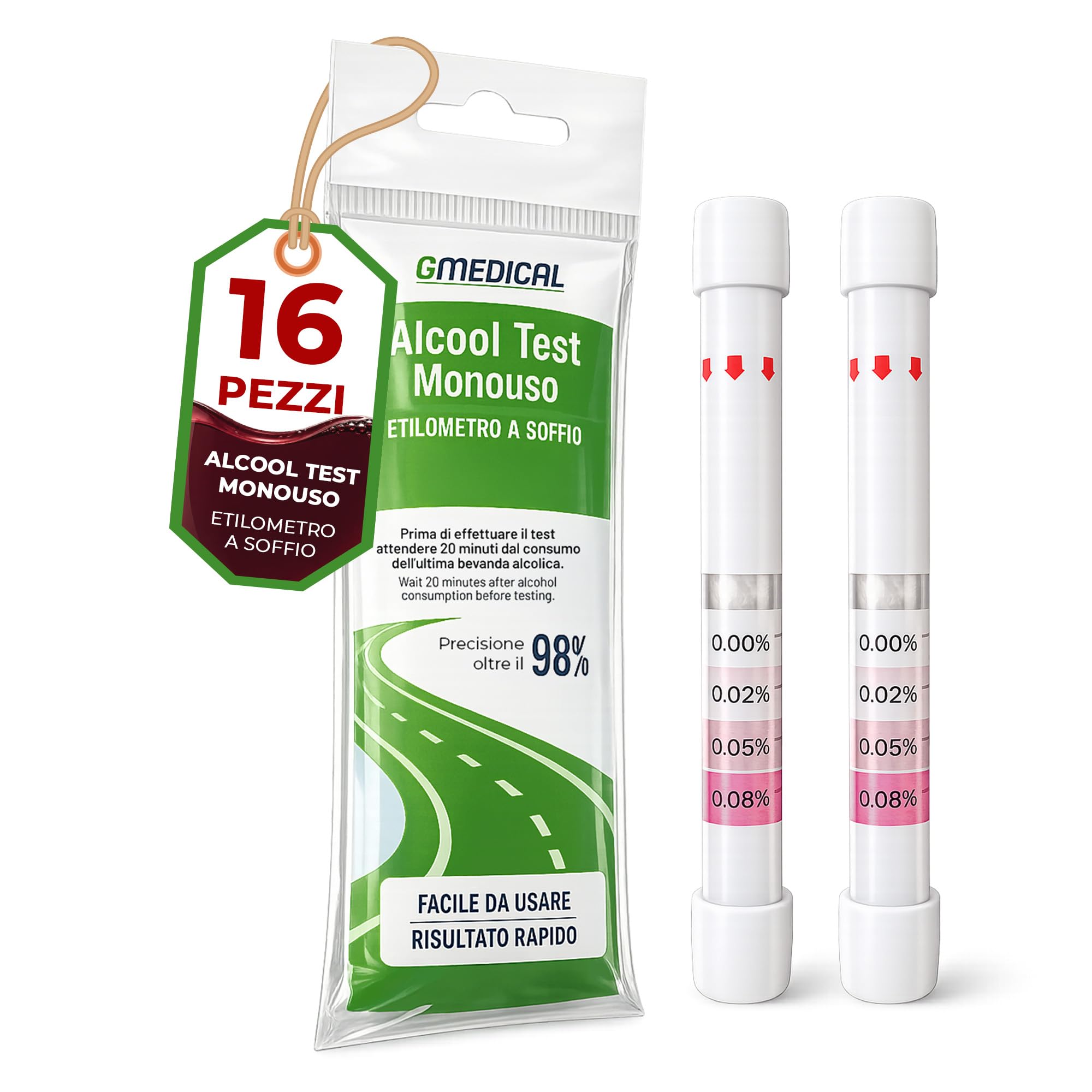 Alcol Test monouso - 16 pz - Etilometro Monouso - Risultato in 2 minuti precisione oltre 98% - Kit Test alcolemico portatile per auto e sicurezza stradale - Alcool Test a soffio