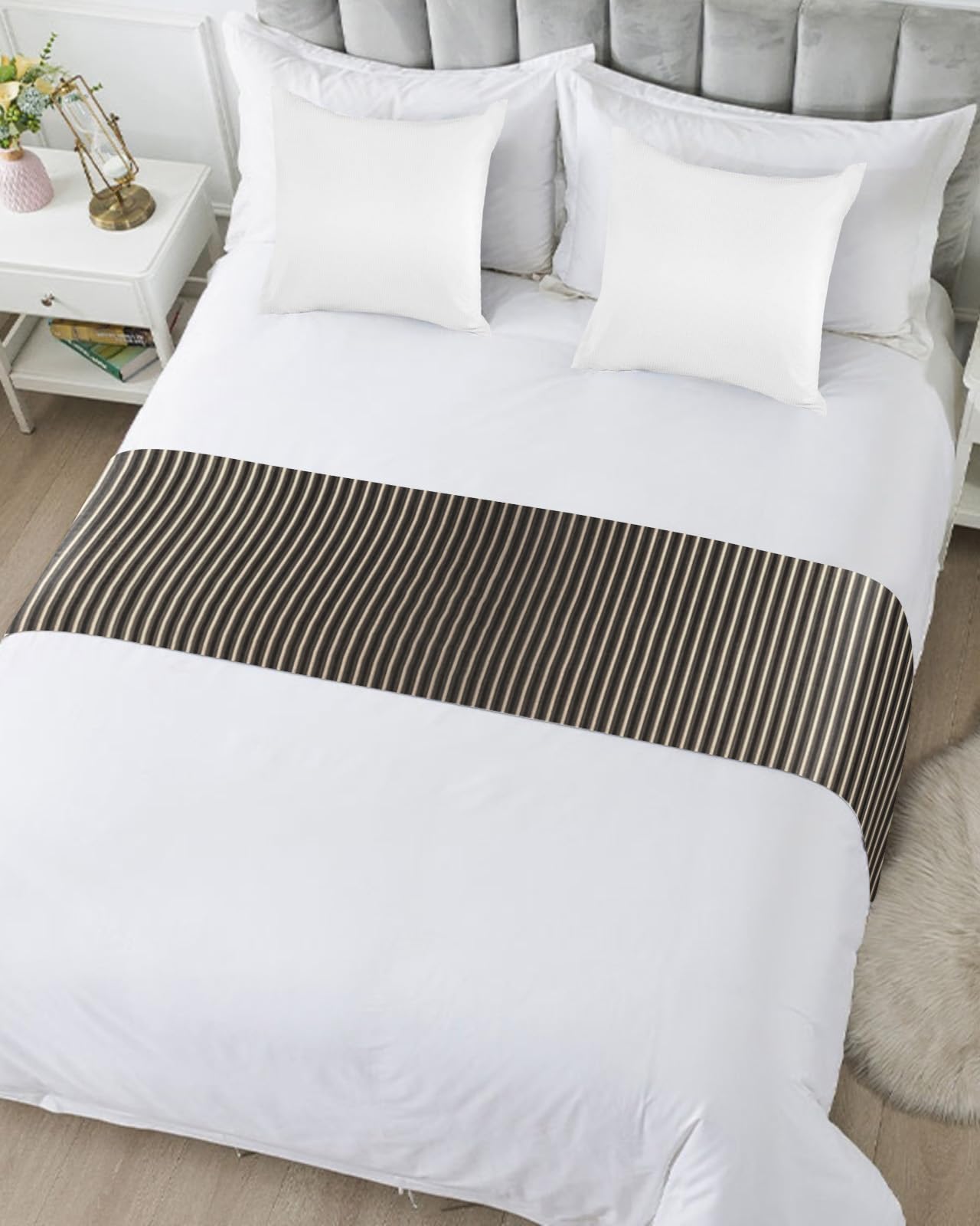 Black & Gold Striped King Size Bed Runner - 102x20 Inch Luxury Farmhouse Bed Scarf, Protector & Decoration