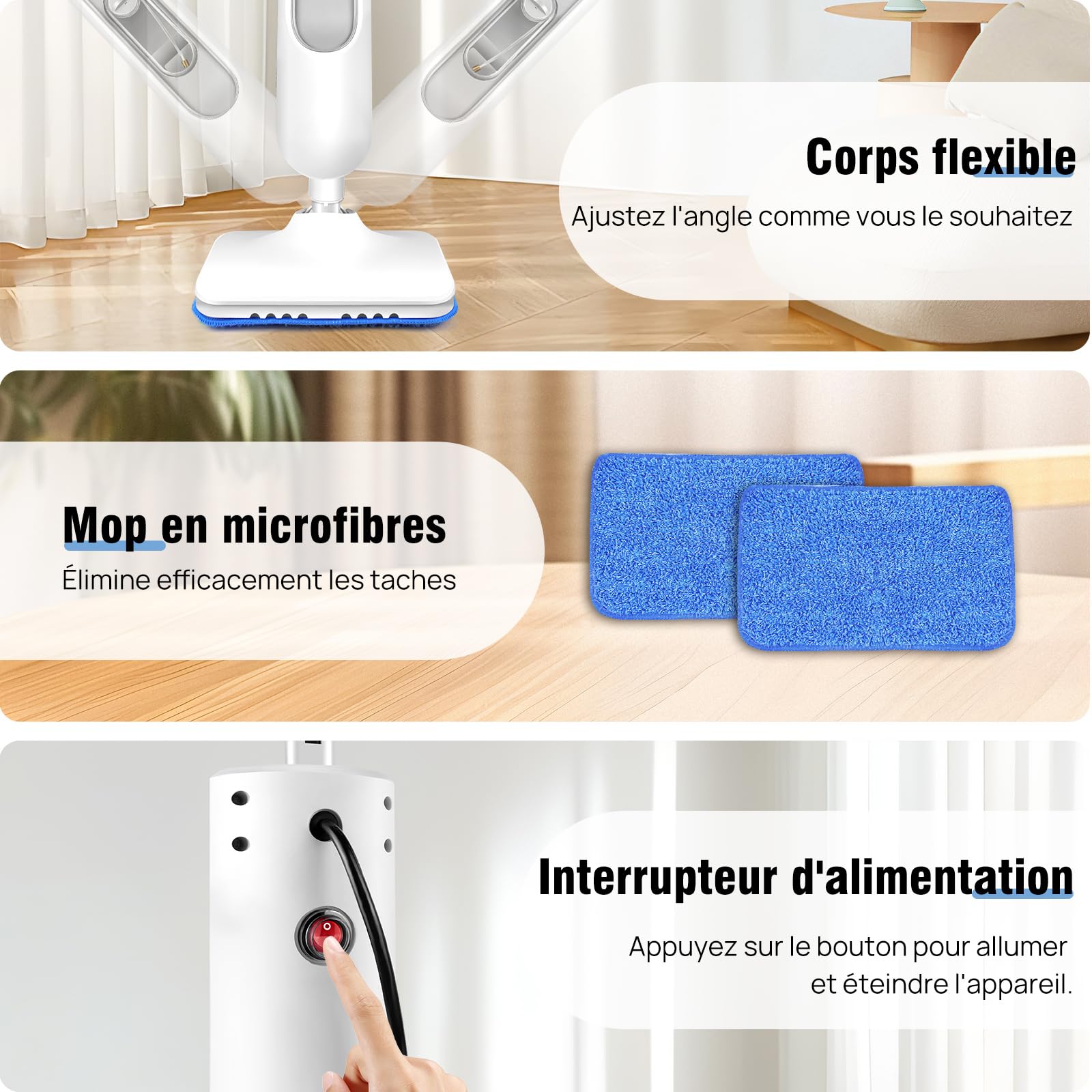 Nettoyeur vapeur 1500W - Balai vapeur avec fonction à main - Chauffage express 20s - Réservoir 400ML - Pour sols et surfaces diverses