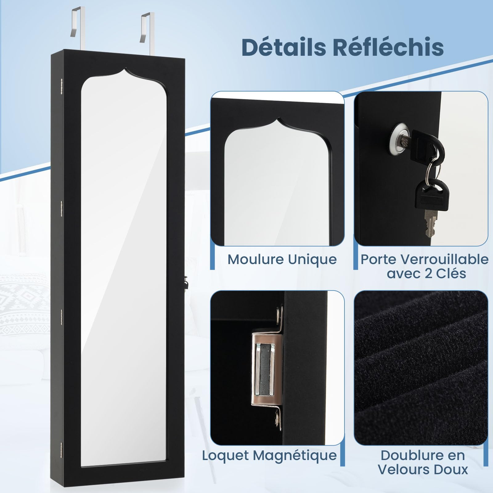 COSTWAY Armoire à Bijoux Murale avec Miroir, Inclus 5 Lumières LED, Emplacement pour Boucles d'Oreiller,Bracelets,Bag etc. Installable sur Mur ou Porte, 36,5 x 11,5 x 120 cm (Noir)