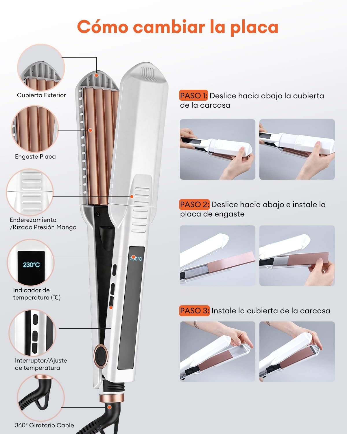 Planchas del Pelo Ceramic Crimp 3 in 1, Cerámica Anti-Estática, 6 Temperatura Ajustables 130-230 ℃, Calentamiento Instantáneo, Rizador Pelo Ondas Para Crear Volumen y Textura