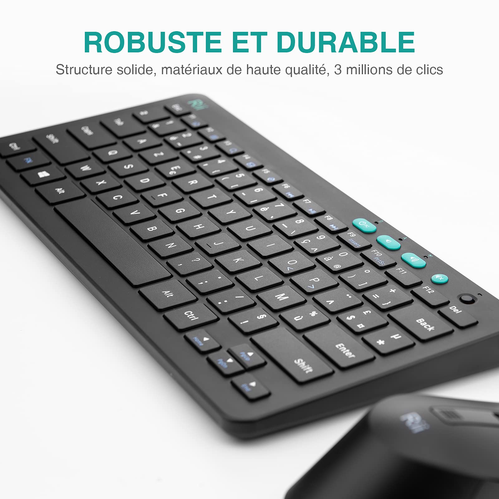 Rii Élite Combo sans Fil | Clavier Souris sans Fil PC/Ordinateur Portable | Clavier Ergonomique Trousse Main | Souris Optique 3 DPI Réglables | Molette Silencieuse | Design Français Élégant Noir