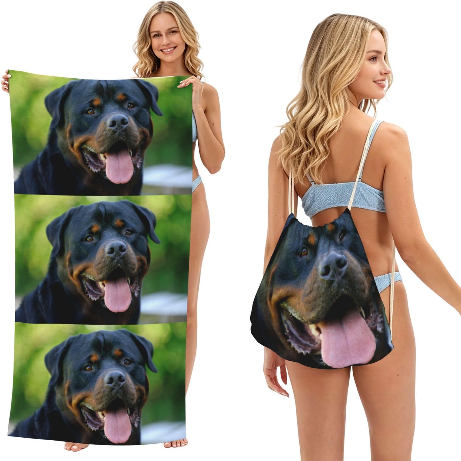 Poadnly As Picture Rottweiler, 2 In 1 Packable Towel Bag, Beach Towels With Drawstring Backpack For Travel Holiday Camping