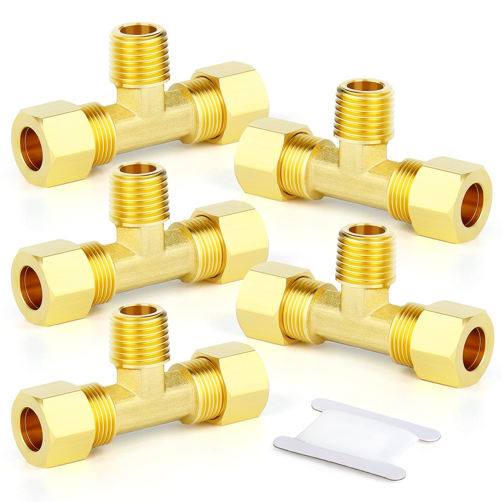 GASHER 5PCS Brass Compression Tube Tee Pipe Fitting Connector，3/8" OD x 1/4" NPT x 3/8" OD，Male Branch Tee