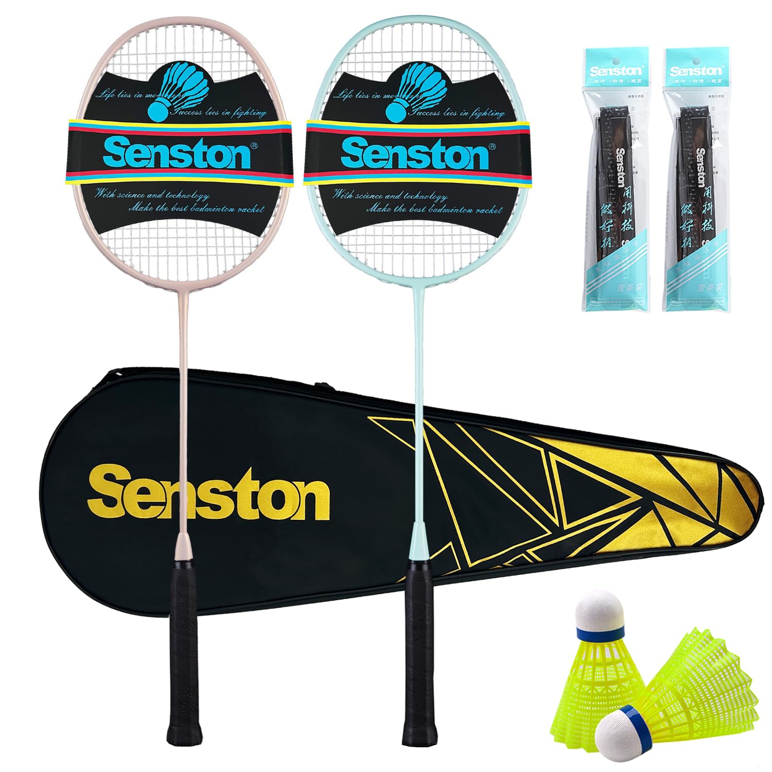 Senston Badminton Rackets Set of 2 with Full Kit|Carbon Composite Lightweight Rackets (2U 90g),2 Nylon Shuttlecocks,2 Non-Slip Grips&Carry Bag|Beginner Tennis Badminton Combo for Family,Multicolor